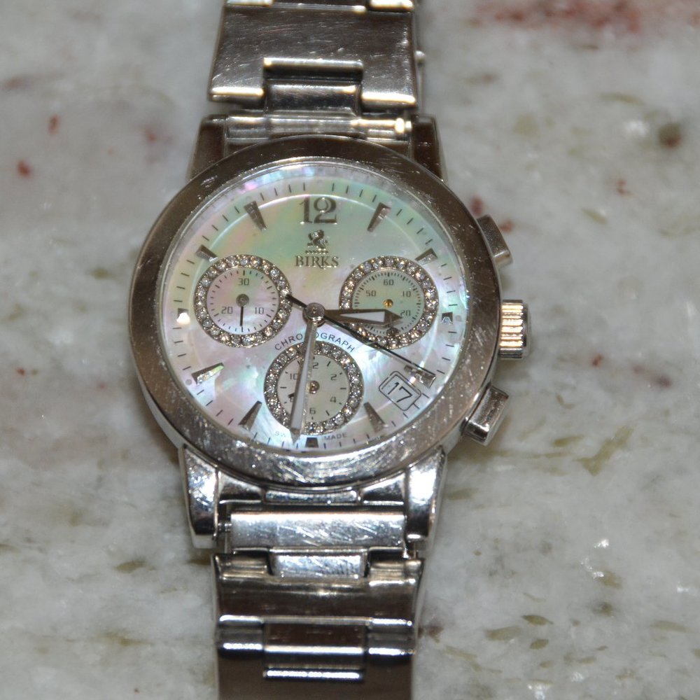 RARE VINTAGE ESTATE MAYORS BIRKS DIAMOND WHITE MOP CHRONOGRAPH SILVER BAND WATCH